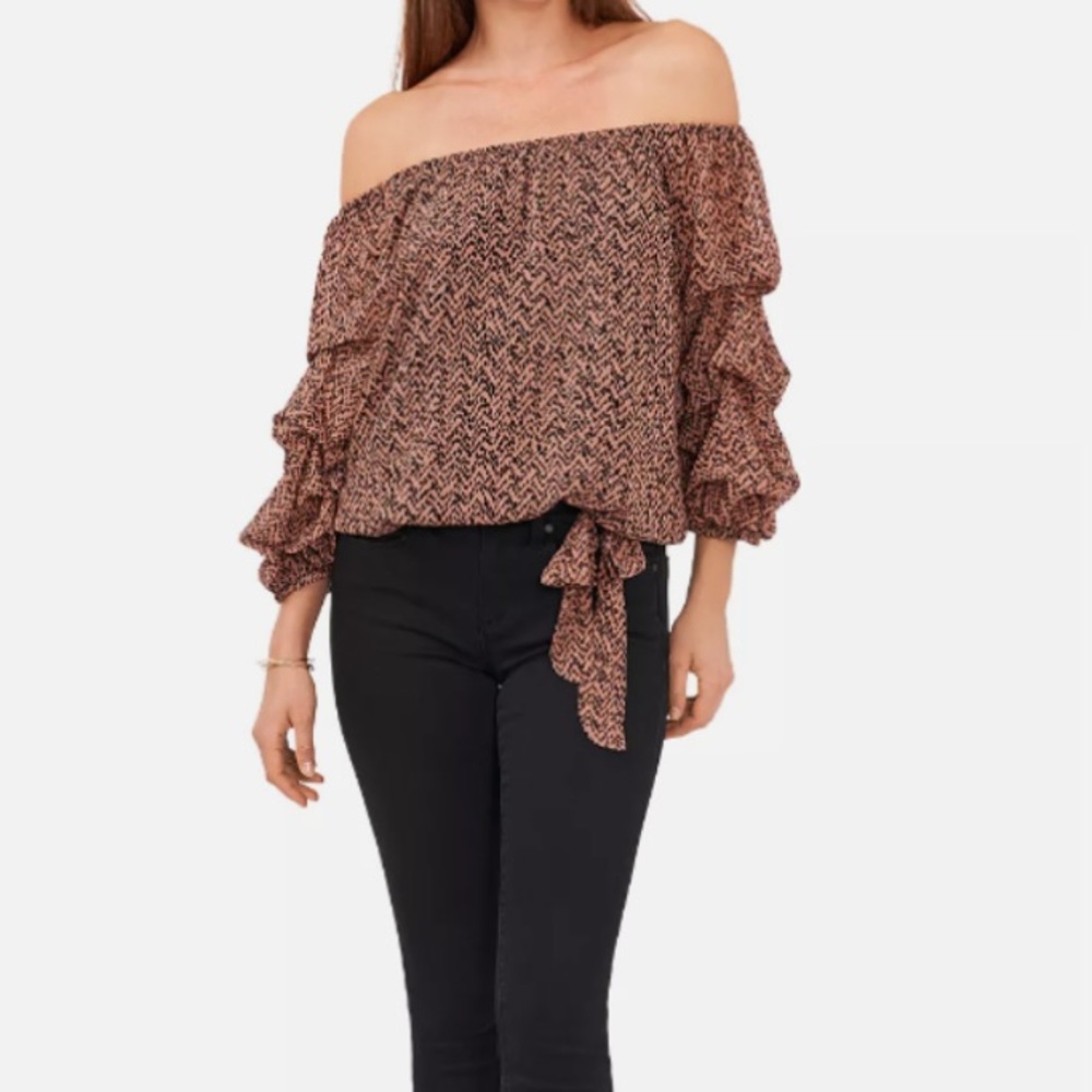 Vince Camuto Black and Brown Patterned Off Shoulder Balloon Sleeve Blouse | XL
